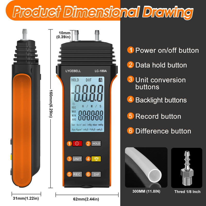 LC-189A Pressure Gauge, Digital Air Pressure Gauge, Differential Pressure Gauge, HVAC Gas Pressure Gauge, Suitable for Air Pressure Measurement (Black + Orange)