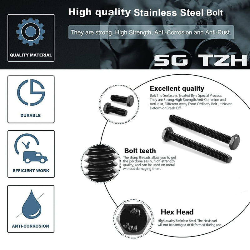 3/8-16 x 3-1/2" Hex Head Screw Bolt, 20Pcs 18-8 (304) Stainless Steel, Fully Threaded,Black Oxide by SG TZH 20 3/8-16 x 3-1/2"