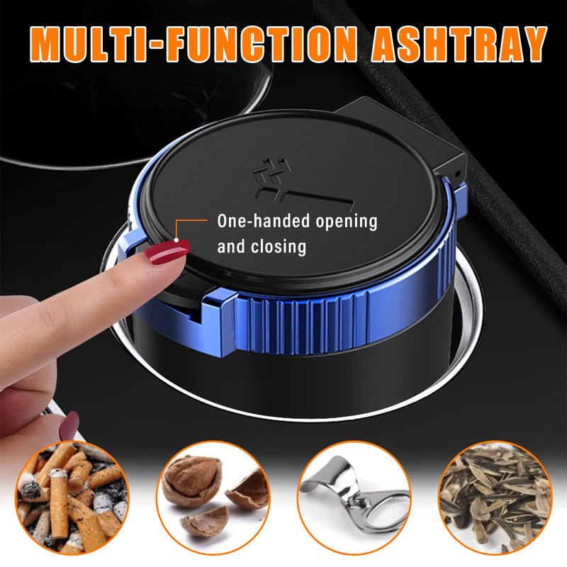 Kewucn Car Ashtray with Lid, Portable & Detachable Smokeless Ashtray, Mini Vehicle Stainless Steel Trash Can with LED Blue Light, Universal Accessories Fits Most Auto Cup Holder (Blue)