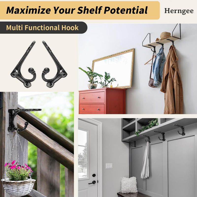 Cast Iron Shelf Brackets 4 Inch, 4 Pack Black Rustic Shelf Brackets with Hooks，Heavy Duty Floating Brackets Wall Mounted, Decorative Brackets for Wood Shelves 4 Pack 4'' Bracket
