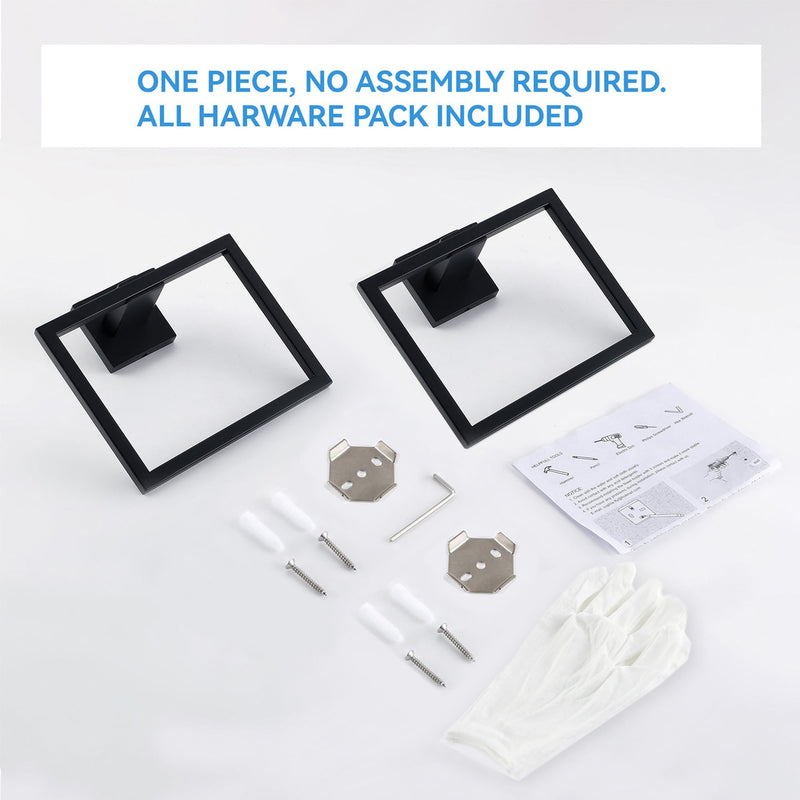 LANC Hand Towel Rings for Bathroom Wall Mount Matte Black Square Hand Towel Holder Command Towel Hanger for Bathroom Lavatory Towel Holder Stainless Steel Modern Towel Rack Hanger 2 Pack, A8896MB-P2