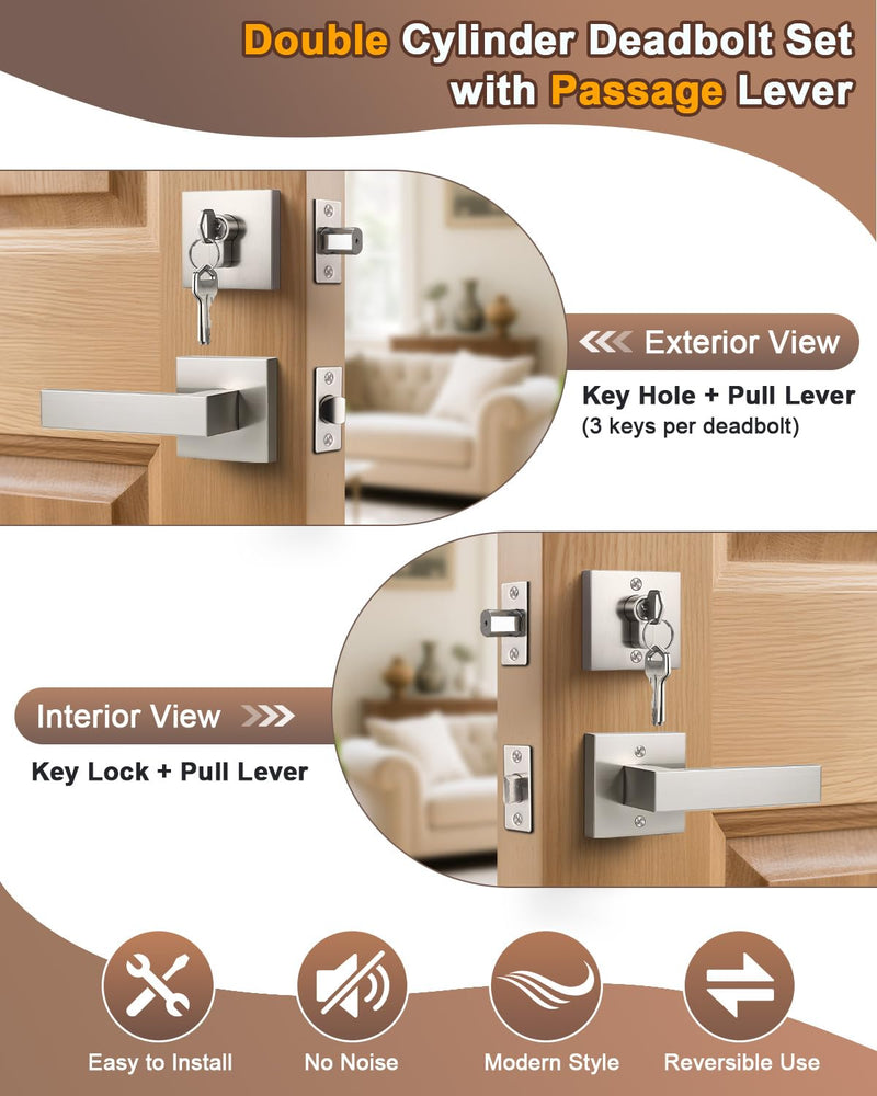 KNOBWELL 1 Pack Passage Door Handle with Deadbolt, Brushed Nickel Double Cylinder Deadbolt Lock Square Front Door Lock Double Cylinder Deadbolt with Passage Lever