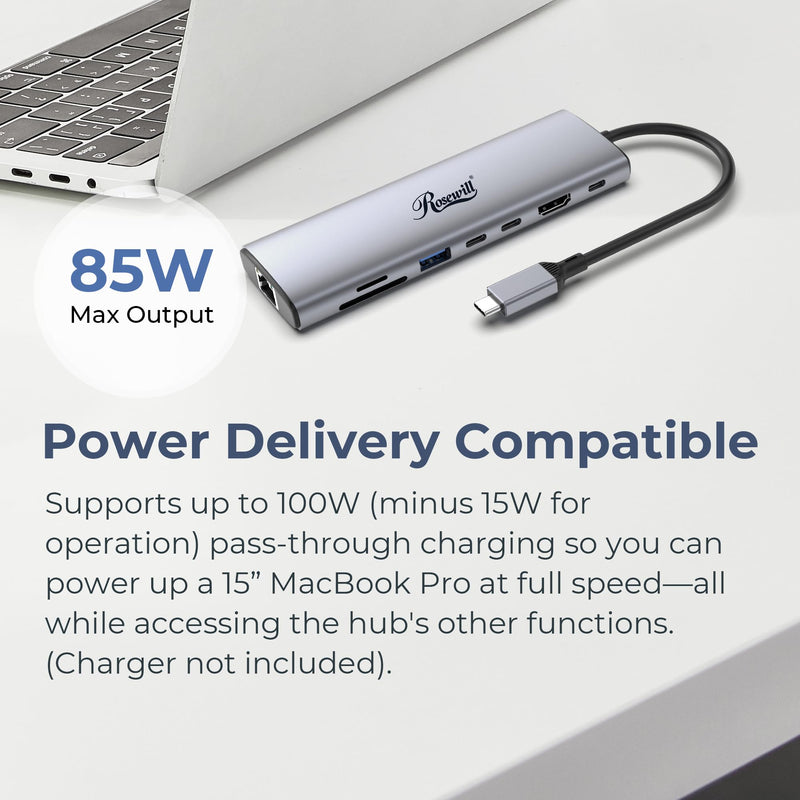 Rosewill 8-in-1 USB-C Hub with 4K HDMI 2.0, 10Gbps USB-A Ports for MacBook, Dell XPS, ThinkPad, HP Laptops – RHUB-M8