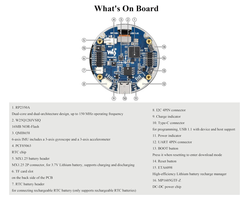 RP2350 1.43inch AMOLED Touch Display Development Board, 466x466, SPI Interface Round Display, Onboard Accelerometer and Gyroscope Sensor, USB, UART, I2C and GPIO, etc.