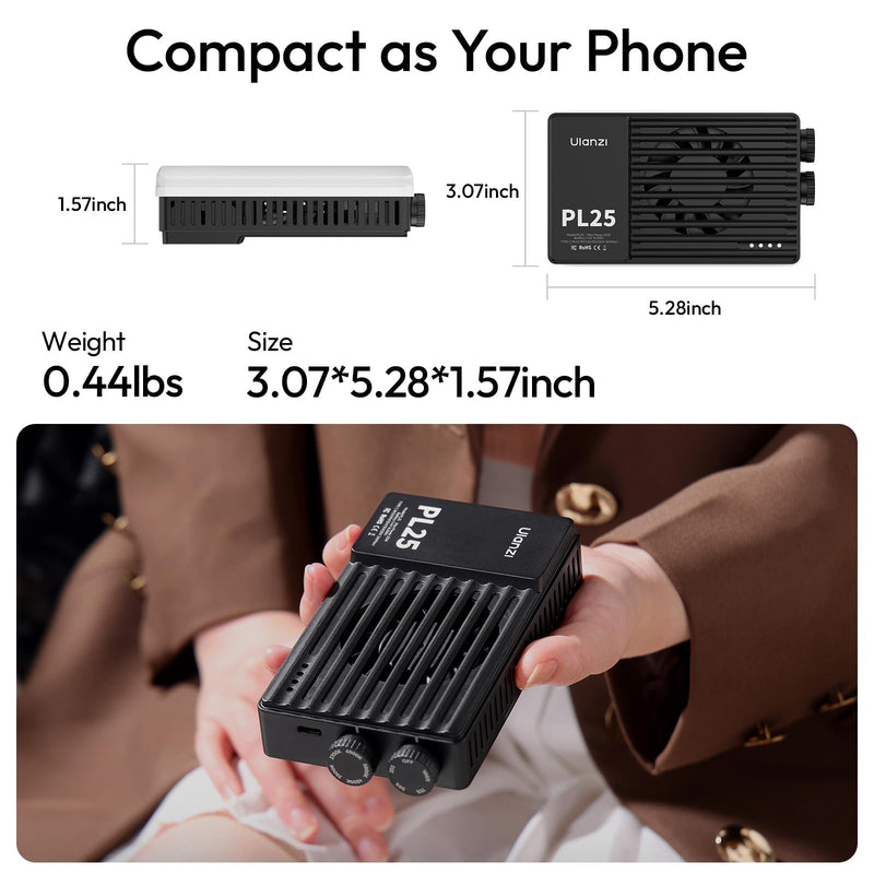 ULANZI PL25 Video Light, 25W LED Camera Light Mini Panel Bi-Color for DSLR Photography, 3200Lux, CRI≥96 2700K-6500K, 2000mAh Rechargeable Portable On-Camera Lighting for Photo, Video, YouTube, Vlog