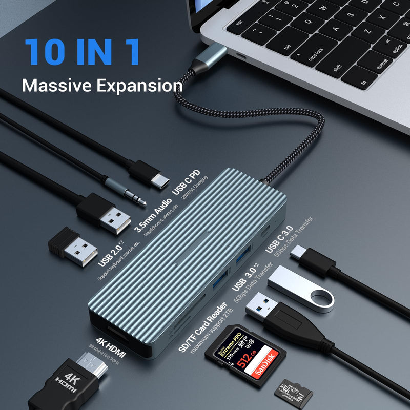 USB C Hub, 10 in 1 Dock with 4K HDMI, 2 x USB 3.0, USB-C 3.0 Data Transfer, 2 x USB 2.0, 100W Power Delivery, SD/TF Card Reader, 3.5mm Audio for Laptop, iPad
