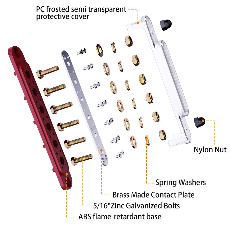 MOFEEZ Power Distribution Block Bus Bar, 6 x 5/16" Posts, 10 x #8 Screws Terminals, Max 48V 250A (Pair, Red & Black) 6*5/16"