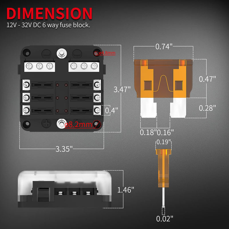 DaierTek 12V Fuse Block 6 Way with LED Indicator Light 12 Volt Fuse Box ATO/ATC Marine Fuse Panel Waterproof 24V for Automotive Boat Car Truck 6 Way Fuse Block