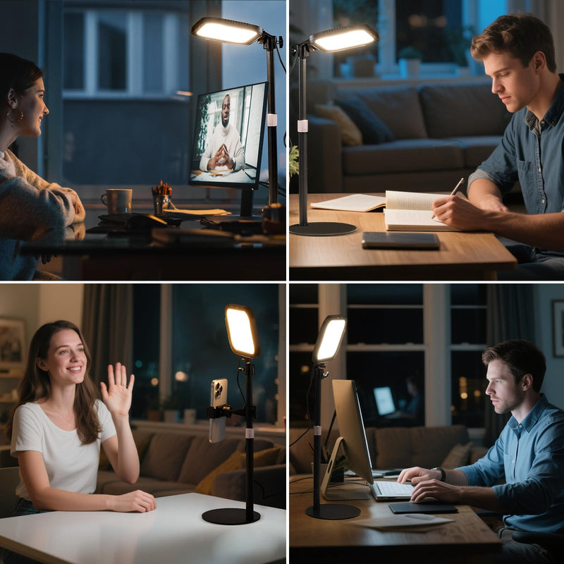 Desk Light for Video Calls with Stand, 360° Rotate Zoom Lighting for Computer, CCT 3000K-6500K Adjustable, Full-Screen Desk Ring Light with Phone Holder for Webcam, Meeting, Live Streaming, Podcast