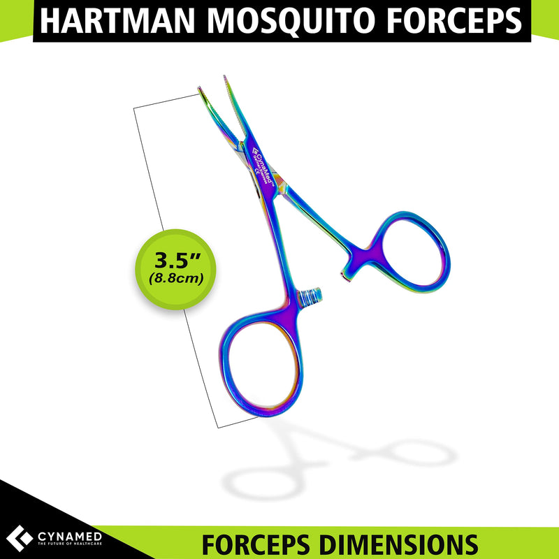Cynamed Mosquito Hemostatic Forceps with Multicolor/Rainbow Titanium Coating - Premium Quality - Hemostat Clamping Pliers with Serrated Jaws - 3.5 in. (Curved) Curved