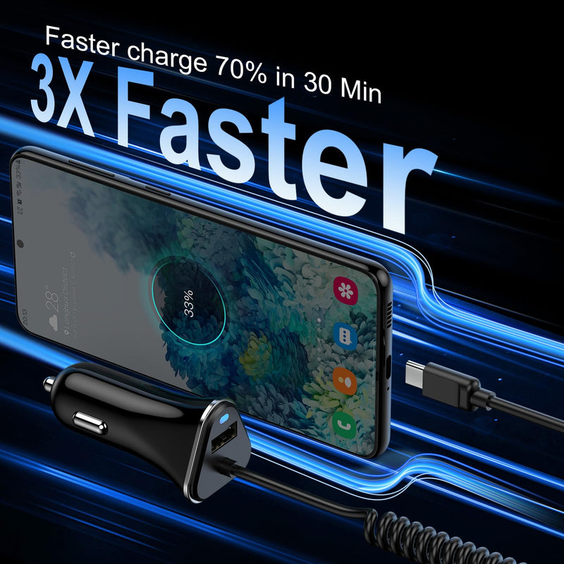 USB C Fast Samsung Car Charger with 3ft Type C Coiled Cable for Samsung Galaxy A55 A15 A35 A54 S24 S23 Ultra S22 S21 FE S20 S10 A14 A13 A53,3.4A Android Car Phone Charger Adapter for iPhone 15 Pro Max