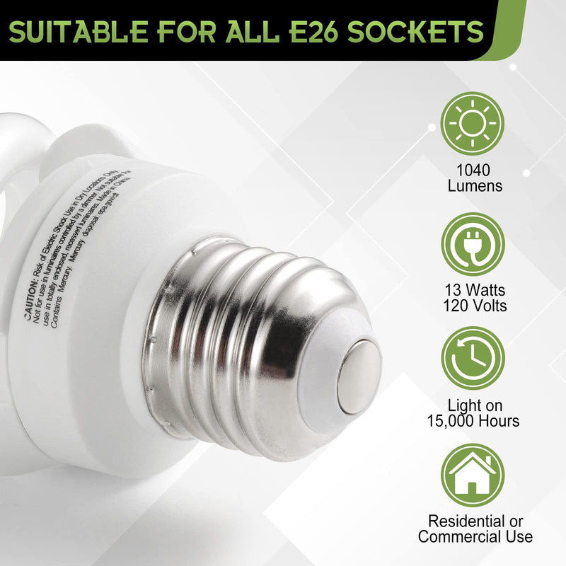 E26 Spiral CFL Light Bulbs Medium Base 13Watt (60Watt Equivalent) Soft White 2700K, 1040Lm Non-dimmable Compact Fluorescent Light, (16 Pack) 16