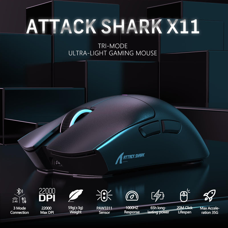 MAGIC-REFINER ATTACK SHARK X11 59g Superlight Wireless Gaming Mouse with Magnetic RGB Charging Dock，BT/2.4G Wireless/Wired Mouse, 22000 DPI，5 Programmable Buttons for PC/Laptop/Mac（Black） black
