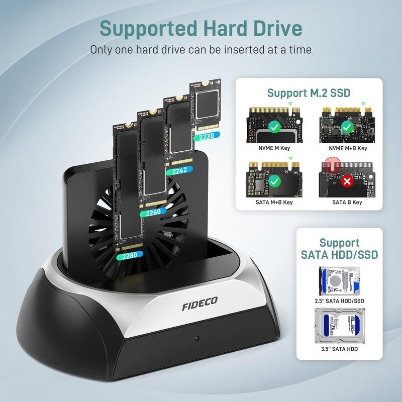 FIDECO Hard Drive Docking Station, M.2 NVME SSD Docking Station with Cooling Fan, Support 2.5 and 3.5 inch SATA HDD SSD, and M.2 NVME SATA SSD, Ultimate Heat Dissipation Black & Silver
