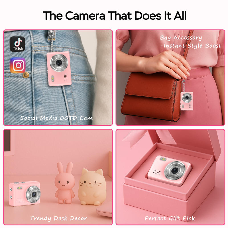 Mini Camera 1080P HD Video Recorder - Keychain Digital Camcorder with 64GB Card, 0.96" HD Display, Long Battery Life, Ultra-Portable Tiny Camera for Travel/Vlog/Night Shots (Pink) Pink