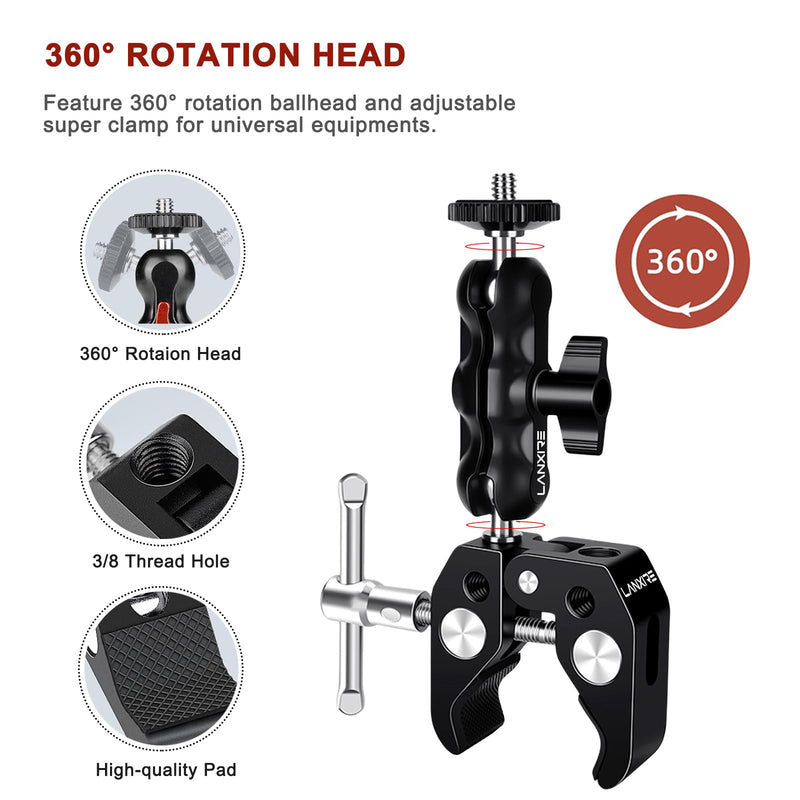 Camera Mount Clamp with Double Ball Head Adapter - 2 Pack. Compatible with LED Lights, Gopro, Insta360, DJI Action, Ronin-M, Ronin MX. 360° Ballhead and 1/4’’ + 3/8’’ Thread Hole.