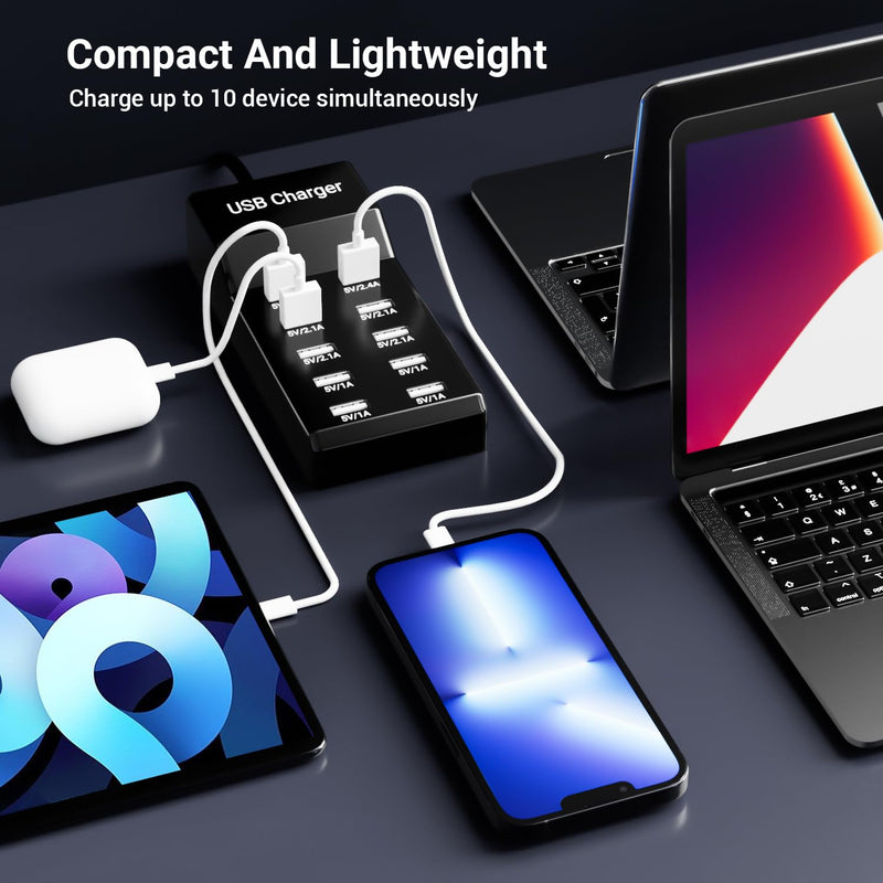 USB Charging Station 50w10A 10-Port USB Charger, Multiport USB Charger Station Hub, Compatible with iPhone, Galaxy, iPad Tablet, and Other USB Charging Devices Black