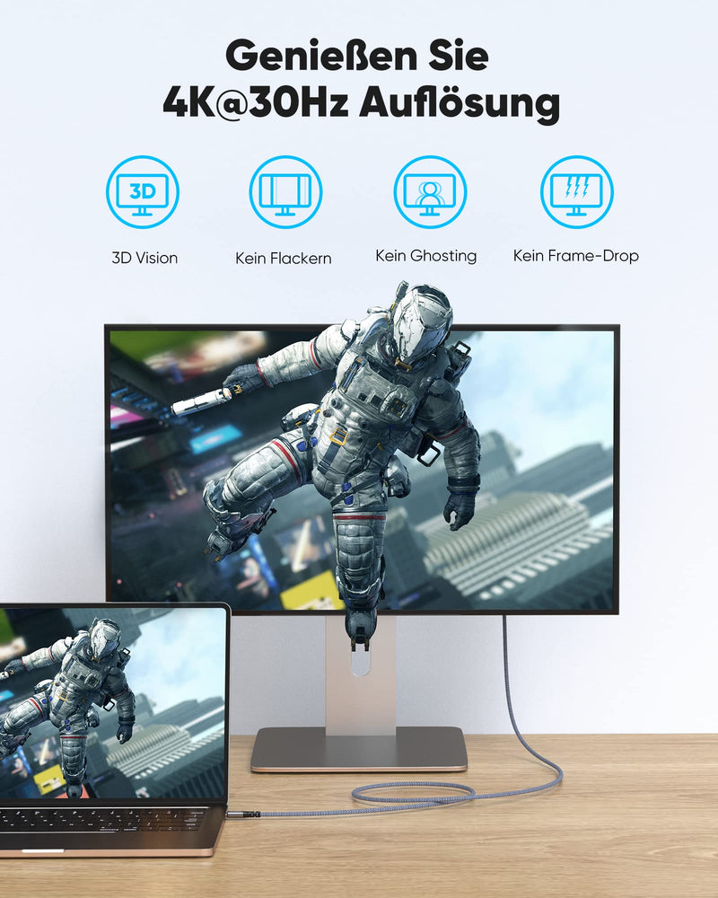 Highwings USB C to HDMI Cable 4K 1.8M, USB C HDMI Cable UHD Thunderbolt 3 Compatible for iPhone 15 Pro/Plus/Max, MacBook Pro/Air, iPad Pro/Air, Surface Book 2, Dell XPS, Galaxy S10/S9 etc. Gray