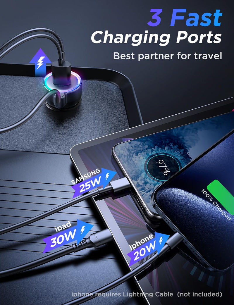USB C 60W Super Fast Car Charger PD& QC3.0 with 5ft 30W Type C Coiled Cable, Car Phone Charger Adapter for iPhone 15 Pro Max Plus, Samsung Galaxy S24/S23/S22, Google Pixel/Moto/LG/Android, iPad Pro… Black