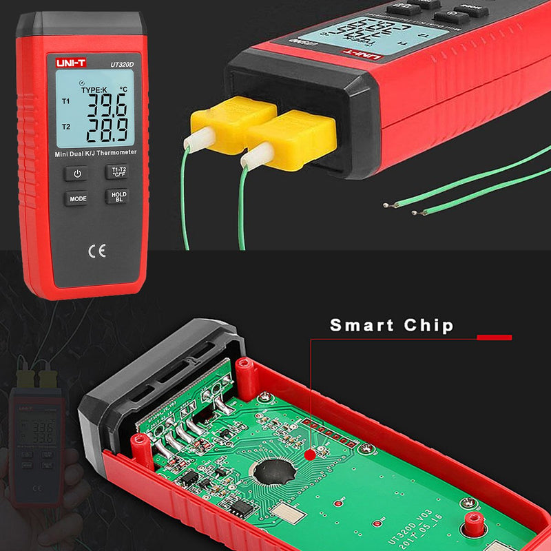 UT320D Dual Channel K/J Digital Thermometer, Thermocouple Temperature Meter Temperature Meter with 2 K-Type Measuring Probe for Industry, Agriculture, Meteorology and Life 02-UT320D
