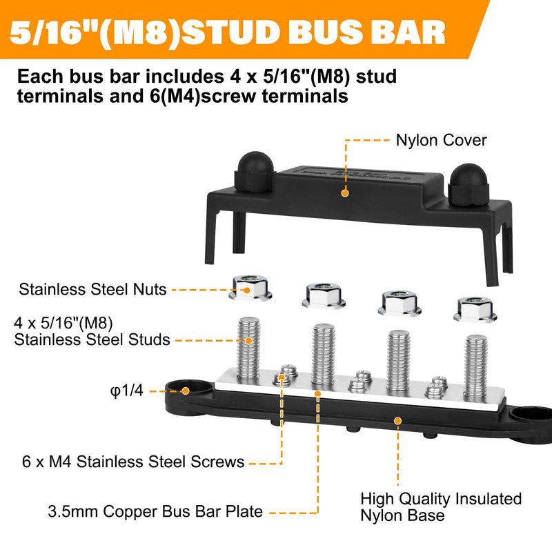 Power Distribution Block 12V 250A Bus Bar 4 x 5/16" Stud Marine, 6 x #8 Screws Terminals Block (Pair - Red & Black)