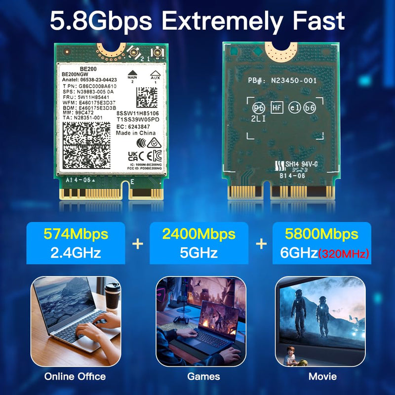BE200NGW WiFi 7 Wireless Card, M.2 NGFF,WiFi 7 BE200 Tri-Band Network Adapter with 8774Mbps Speed and BT5.4 WiFi Card for PC,Not Support AMD for Windows 10/11