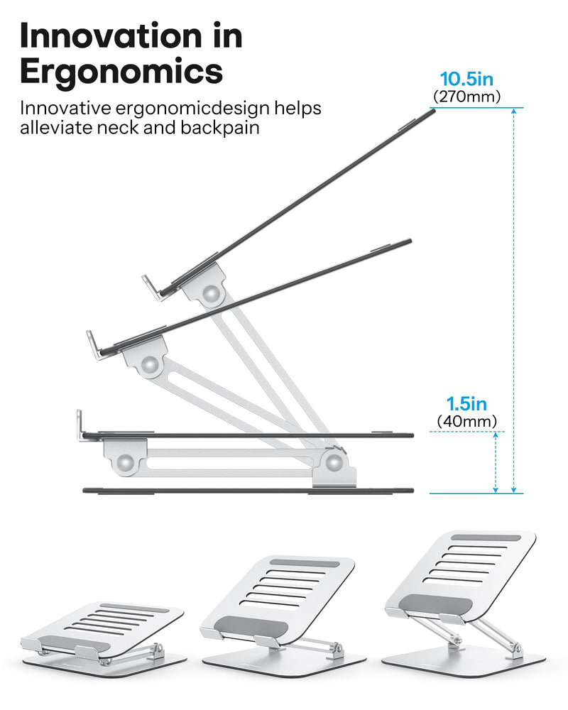 OMOTON Laptop Stand for Desk, Ergonomic Metal Adjustable Laptop Stand, Laptop Holder Riser with Cooling Function, Computer Stand Compatible with MacBook and All Laptops (10-17.2 inch), Silver