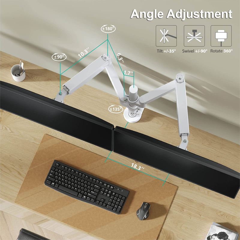 WALI Dual Monitor Mount, Adjustable Gas Spring Arms Desk Mount for 2 Monitors up to 32 inch, 17.6lbs Weight Capacity, Mounting Holes 75 x 75mm or 100 x 100mm (GSDM002W), White 32inch