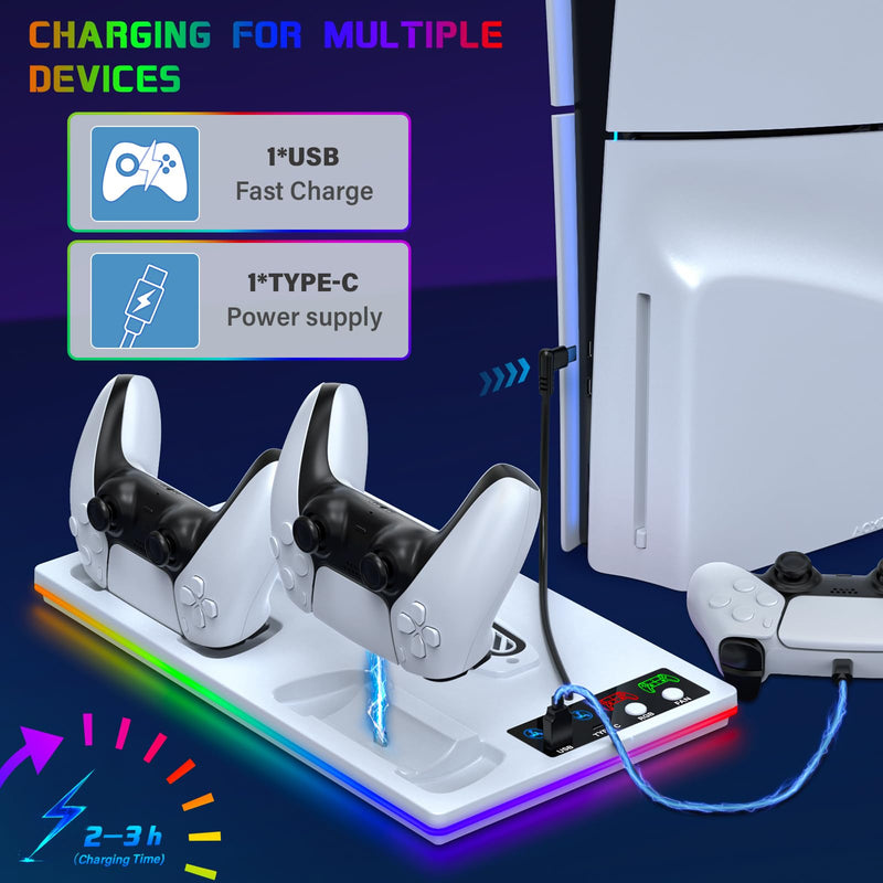 PS5/PS5 Slim Stand and Cooling Station with Controller Charging Station for Playstation 5 Slim&Standard Disc/Digital Console, 10 RGB Light PS5 Cooler Accessories Incl 3 Levels Cooling Fan/USB Hub