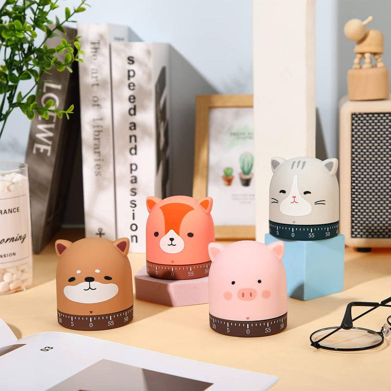 Queekay 4 Pcs Kitchen Cooking Timer Animal Mechanical Timer 60 Minute Wind up Dial 360° Rotating Countdown Egg Reminder No Batteries Loud Ring Cartoon Alarm for Kids Time Management, Fox Pig Cat Dog