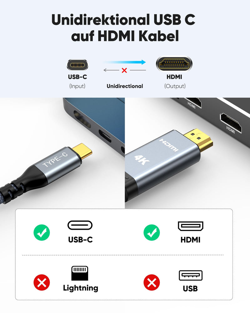 Highwings USB C to HDMI Cable 4K 1.8M, USB C HDMI Cable UHD Thunderbolt 3 Compatible for iPhone 15 Pro/Plus/Max, MacBook Pro/Air, iPad Pro/Air, Surface Book 2, Dell XPS, Galaxy S10/S9 etc. Gray