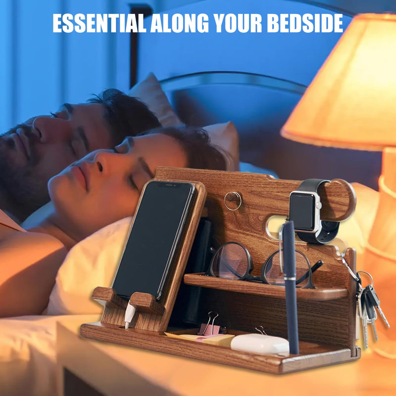 Wood Phone Docking Station for Men, Simple and Elegant Nightstand Organizer, Multifunctional Desk Organizers and Accessories, Watch Organizer and Headphone Holder, Birthday Gifts for Men