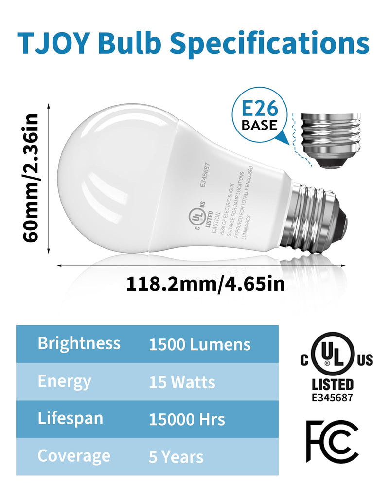 TJOY 24 Pack LED Light Bulbs, 100 Watt Equivalent A19, 5000K Daylight LED Bulb, 15W Bright White Energy Saving Lightbulbs with E26 Standard Base, 1500 Lumens Non Dimmable Lamp for Home Bedroom Kitchen 5000k Daylight White