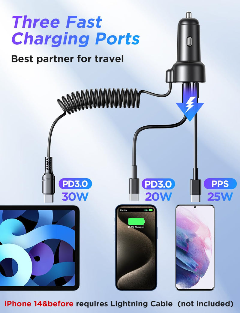 USB C 60W Super Fast Car Charger PD& QC3.0 with 5ft 30W Type C Coiled Cable, Car Phone Charger Adapter for iPhone 15 Pro Max Plus, Samsung Galaxy S24/S23/S22, Google Pixel/Moto/LG/Android, iPad Pro… Black