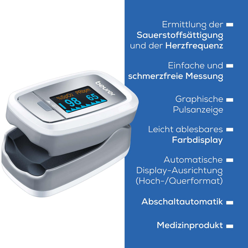 Beurer PO 30 Pulse Oximeter, Measure Oxygen Saturation (SpO₂) and Heart Rate (Pulse), Finger Oximeter with Colour Display, Painless Use on Finger, 6.1 x 3.6 x 3.2 cm, White gray Single
