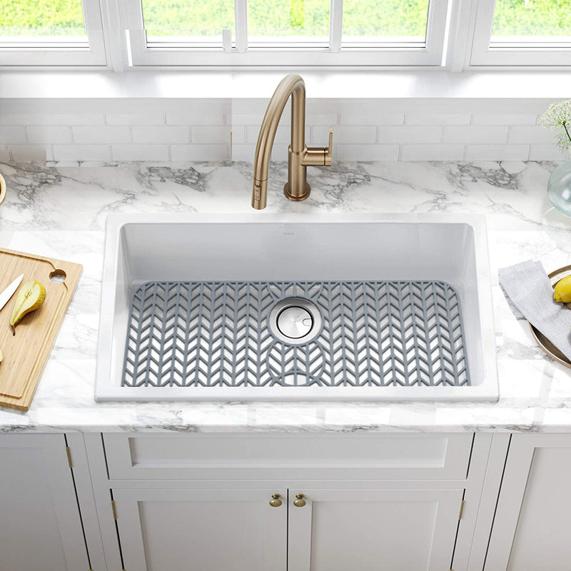 AWOKE Sink Protectors for Kitchen Sink - 29"x 15.35" Mat - Heat-resistant Easy-clean Silicone Sink Mat - for Protection of Stainless Steel Sink - with 3 Reserved Holes (Grey) 29 x 15.35