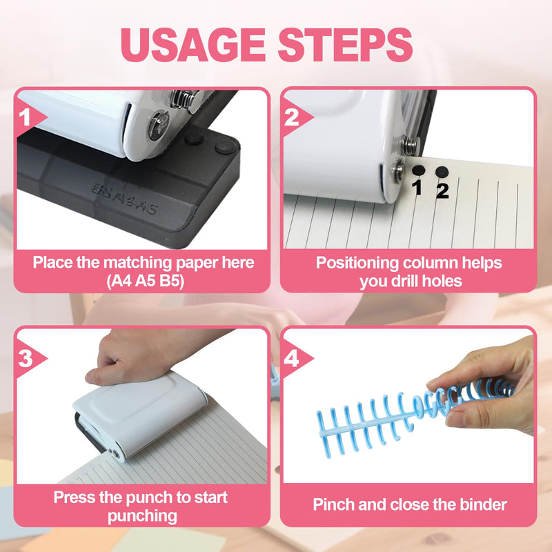 10 Hole Punch Binding Machine for Planner, Manual Binding System with 10 Multi-Color Binder Rings for Making 26 Holes on B5, 30 Holes on A4, 20 Holes on A5 Book, 10 Sheet Capacity - White