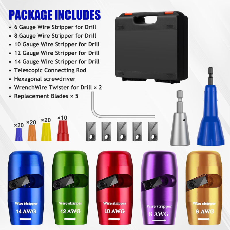 Wire Stripper Twister Tool for Drill,2025 Upgraded Wire Stripping Tool & Wire Twisting Connector for Cutters 6-14 AWG,8 In 1 Professional Electrician Twister Stripping with 70 PCS Wire Nut 5 PCS Blade