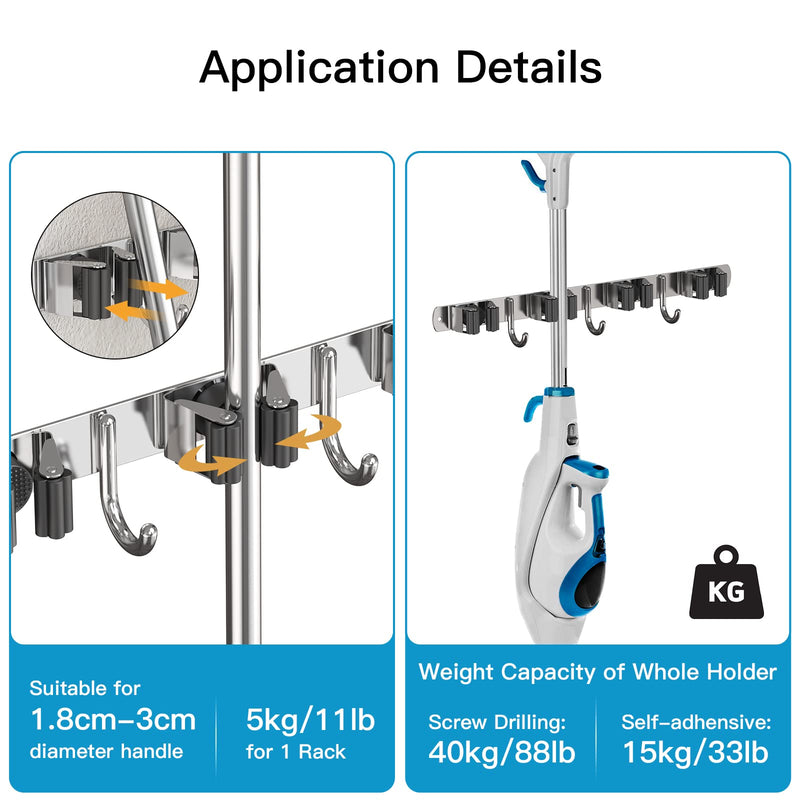 WECUTE Broom Holder Wall Pack of 2 Device Holder Hook Rack Broom Holder Garden Tool Holder Garden Tools (Stainless Steel) Black