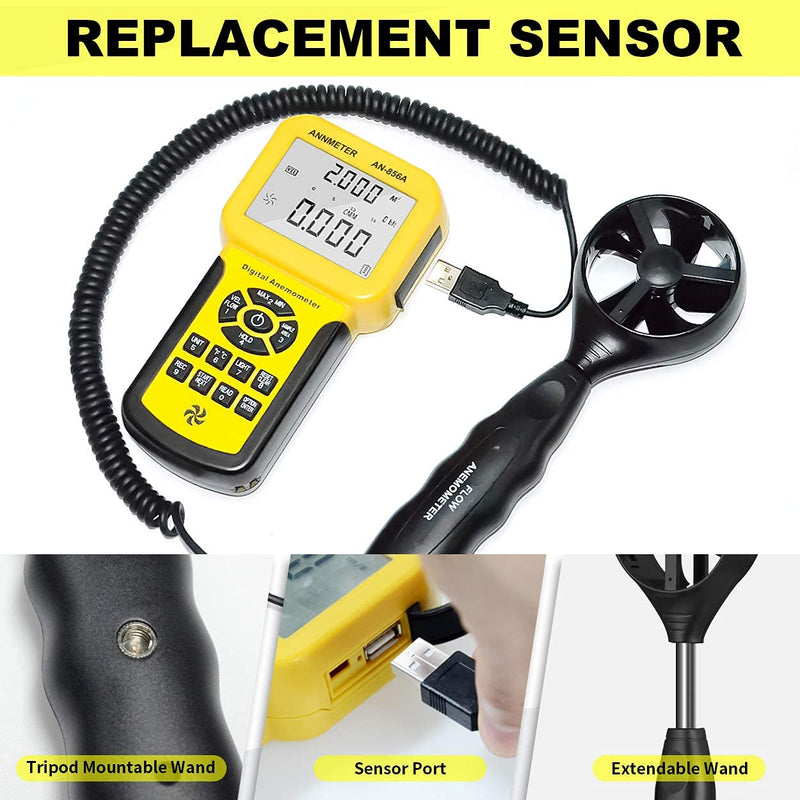 Handheld CFM CMM wind speed meter, separate anemometer measuring air flow speed temp meter for HVAC with data set MAX MIN AVG(AIOMEST AI-856A) AI-856A CFM anemometer w/ USB connect