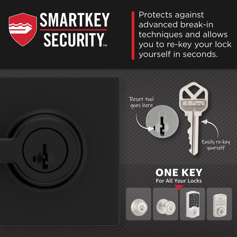 Kwikset Casey Entry Door Handle with Lock and Key, Secure Keyed Reversible Lever Exterior, For Front Entrance and Bedrooms, Matte Black , Pick Resistant Smartkey Rekey Security and Microban 1 Pack Keyed Entry