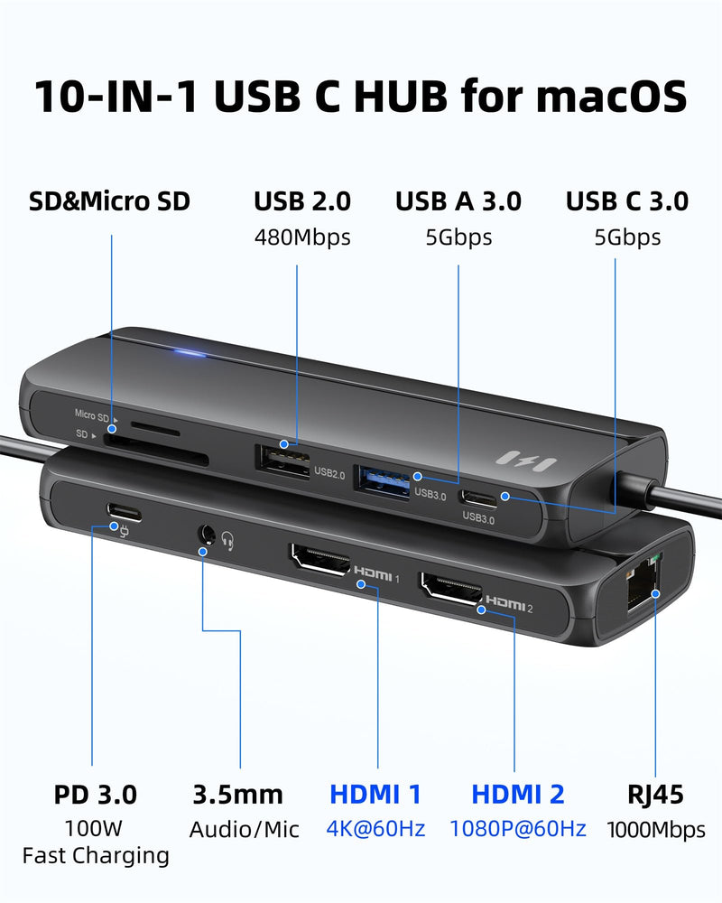 Selore Docking Station for MacBook Pro Air Windows,10 in 1 Dual HDMI Adapter for Mac Pro Air,USB C Hub for MacBook Docking Station Dual Monitor with 2 HDMI,Ethernet,PD,USB C,2 USB A,SD/TF for M1 M2 10 IN 1 MST Docking Station
