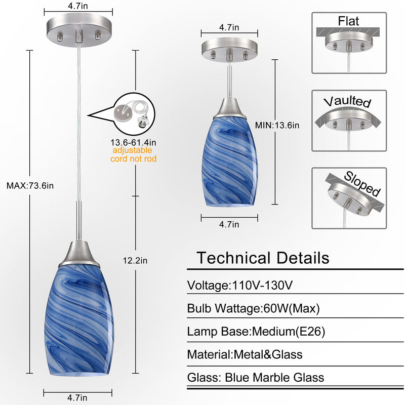 Mini Glass Pendant Light 1Pack Dark Blue Marble Art Glass Pendant Lights Kitchen Island Brushed Nickel Finish Hanging Light for Kitchen Over Sink,Dining Room,Foyer,Hallway 1-Pack