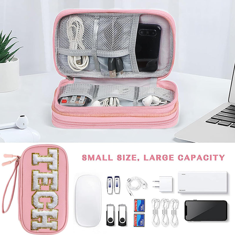 Electronics Organizer Bag Travel with Chenille Letter Patch TECH Traveling Essential Preppy Personalized Gift for Women Cable Cord Charger Storage Case Carrying Pouch (Light Pink) Light Pink