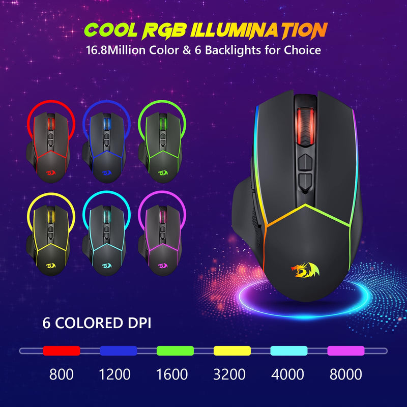 Redragon Wireless Gaming Mouse, Tri-Mode 2.4G/USB-C/Bluetooth Ergonomic Mouse Gaming, 8000 DPI, RGB Backlit, Fully Programmable, Rechargeable Wireless Computer Mouse for Laptop PC Mac, M814 M814-PRO