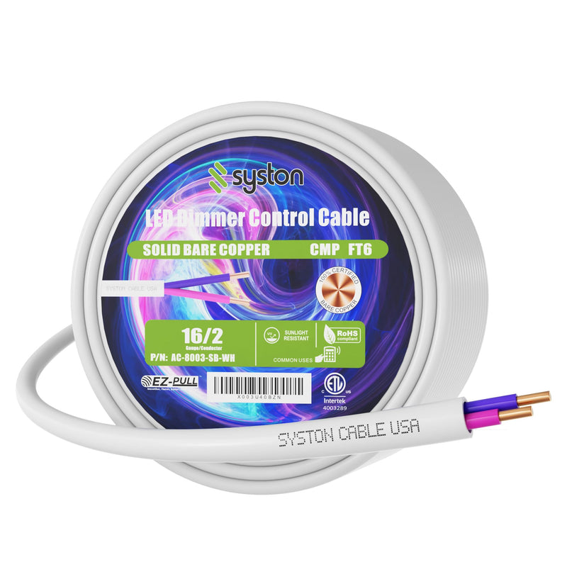 Syston Cable Technology 16/2 LED Lighting Dimmer Dimming Luminaire Control Wire Cable,16 AWG 2 Conductors Solid Bare Copper Unshielded Plenum Rated CMP CL3P FT6, for Ballast Wiring and Connection 100 FT 16/2 White Dimmer