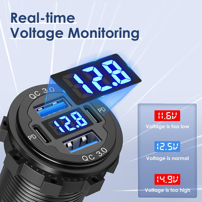 【Upgraded Version】 78W 12V USB Outlet Qidoe 4 Port Dual 30W PD & Dual Quick Charge 3.0 Aluminum USB 12V Charger Socket with Voltmeter USB C to USB C Cable Coiled 3FT Cord for Car Boat Marine RV