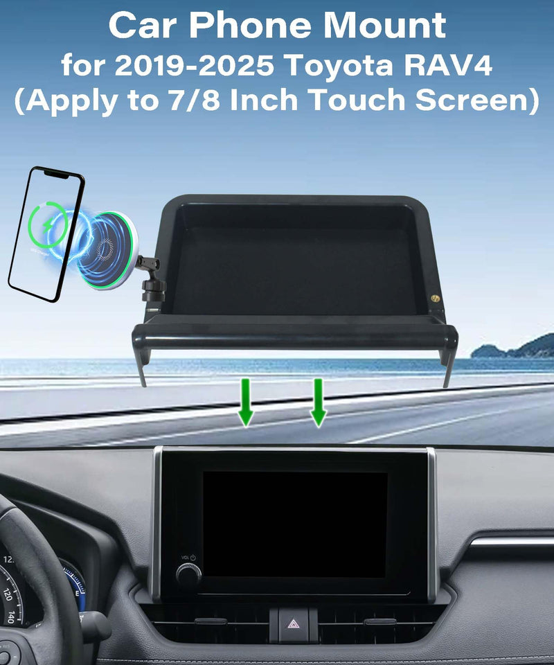 Car Phone Holder for Toyota RAV4 2019-2025 Accessories Apply to 7/8 Inch Touch Screen 15W Fast Wireless Charger Screen Fixed Clip Cell Phone Mount with Dashboard Storage Tray