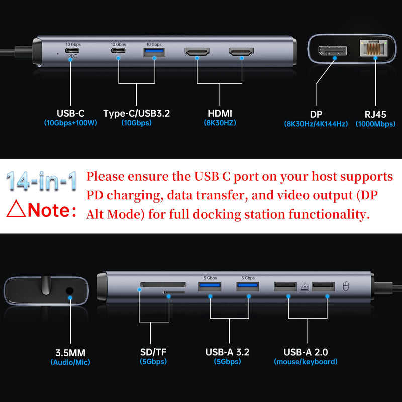 SSK 8K USB C Dock for Thunderbolt Laptop, MacBook Docking Station 3 Monitors,10Gbps USB C Hub Dual HDMI, Displayport, Ethernet,100W PD, Mic/Audio, USB C&A 3.2 Gen 2 Port for iPhone 15/Mac/Lenovo