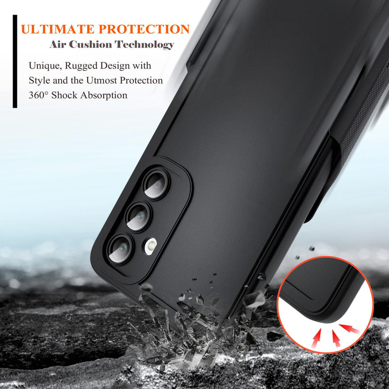 Designed for Samsung Galaxy A14 5G Case with Built-in Tempered Glass (Camera Lens Protector), Belt Clip Holster Kickstand, Heavy Duty Protective Shockproof Armor Defender Case (Black)